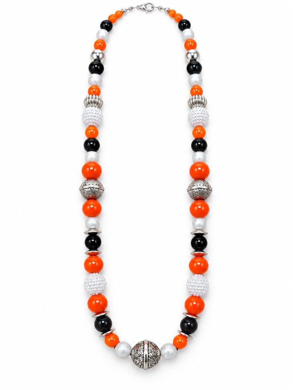 Orange Black & Silver Beaded Statement Necklace, Halloween Color Jewelry, Chunky